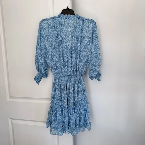 Lovestitch Sheer Floral Bishop Sleeve Ruffle Tier Mini Dress Light Blue Size S - Picture 10 of 12